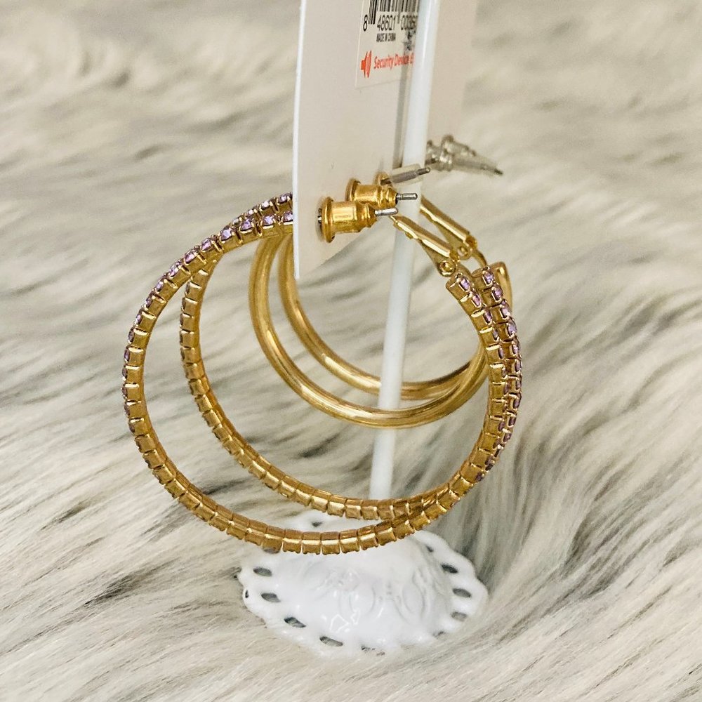 Gold Simulated Crystal Hoop earrings set - Picture 3 of 7
